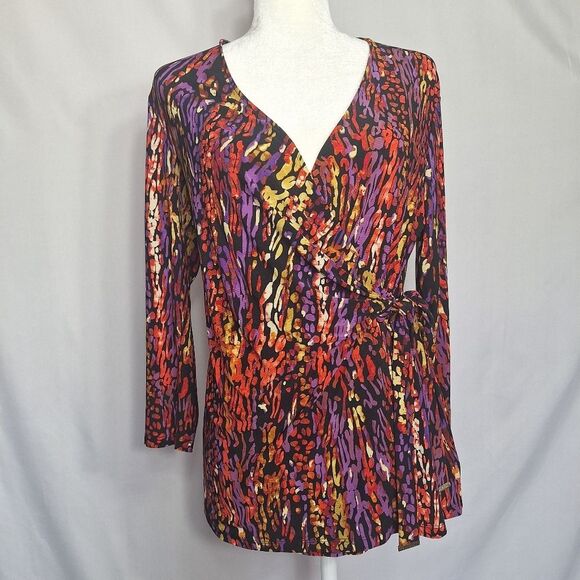 Ann Klein Womens Tunic Blouse Faux Wrap Boho Avante Garde Slinky Sassy Medium - Picture 2 of 12